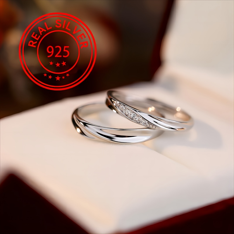 2pcs S925 Pure Silvery Wedding Ring with Synthetic Zirconia